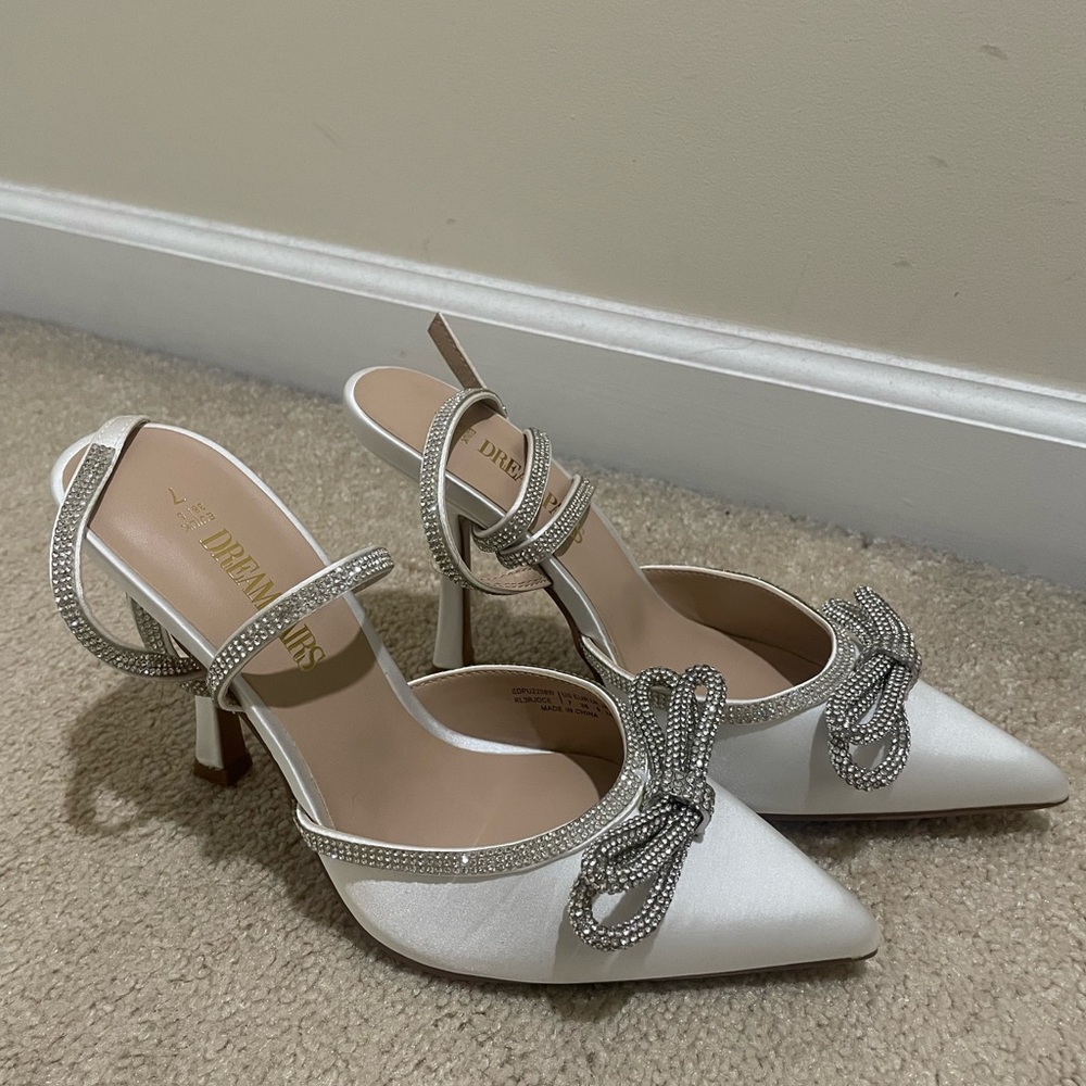 Dream Pairs Silver Crystal Bow White Satin Pointed Slingback Heels